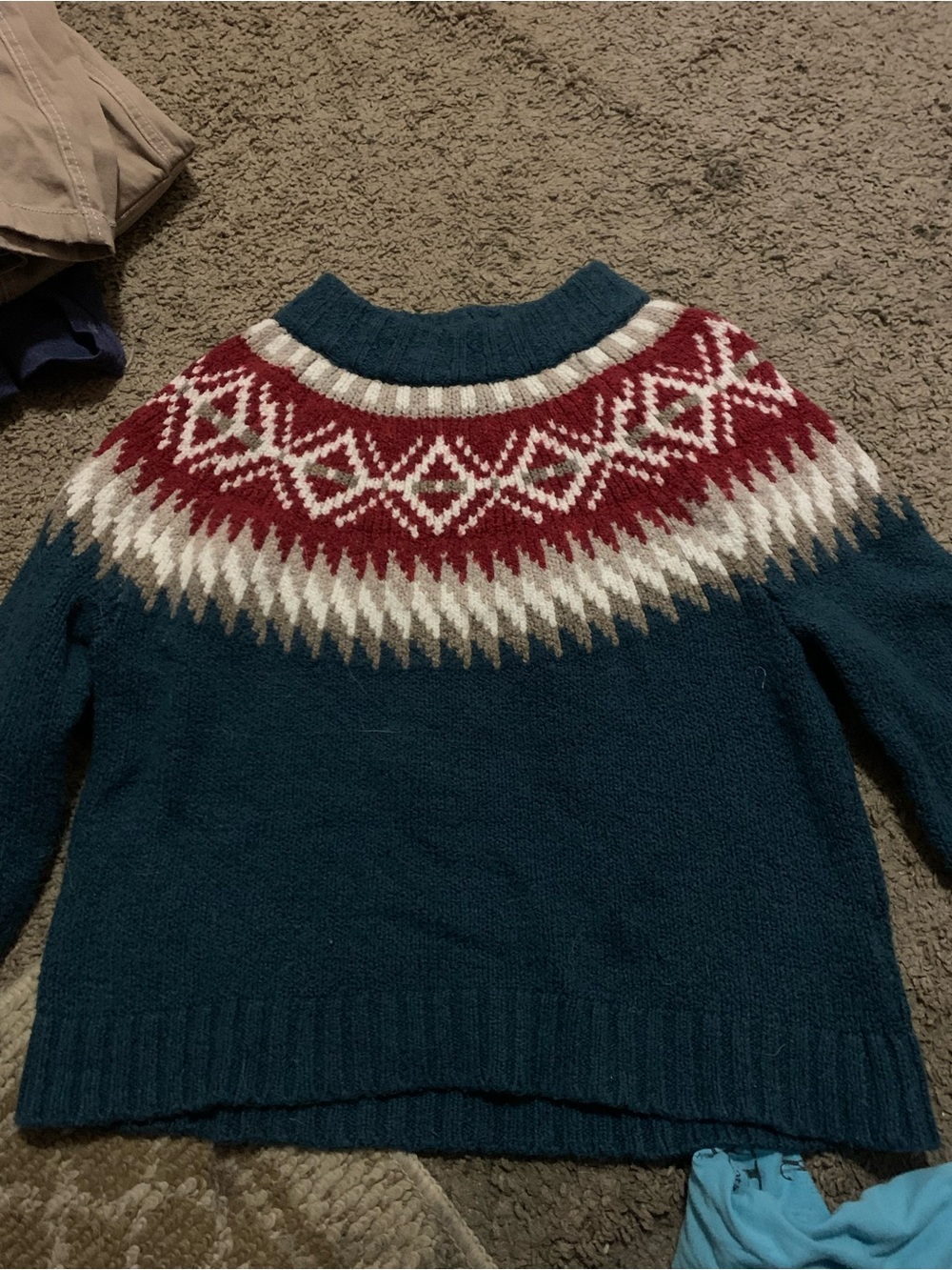 American Eagle Outfitters Teal Pullover with Red and Cream Fair Isle Yoke